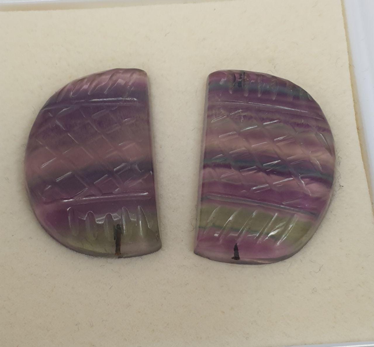 Natural Banded Fluorite Carved Leaf Cabochon 30x20mm. (1 Pair) - Rare Color- Unique Collector Stone- Wholesaler Supplier- Top Quality