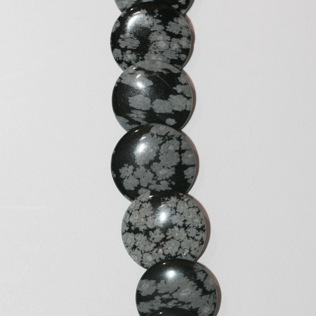 15" St Snowy Obsidienne Smooth Coin Beads 20mm.-String 39cm.
