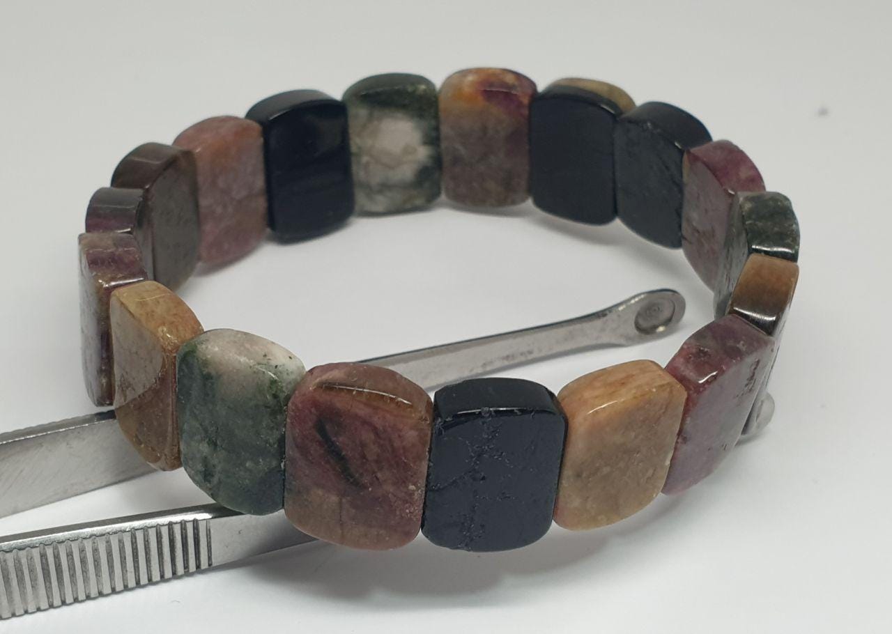 Bracelet extensible en tourmaline naturelle multicolore, perles 16 x 12 mm - Fournisseur de bijoux à perles doublement percées