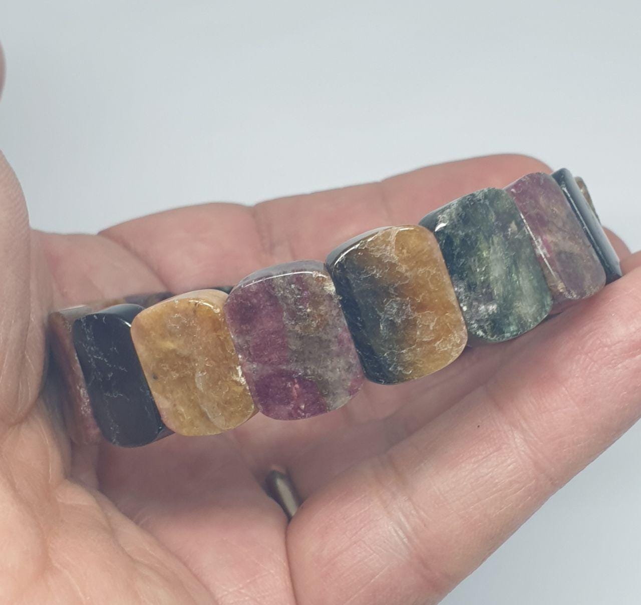 Bracelet extensible en tourmaline naturelle multicolore, perles 16 x 12 mm - Fournisseur de bijoux à perles doublement percées