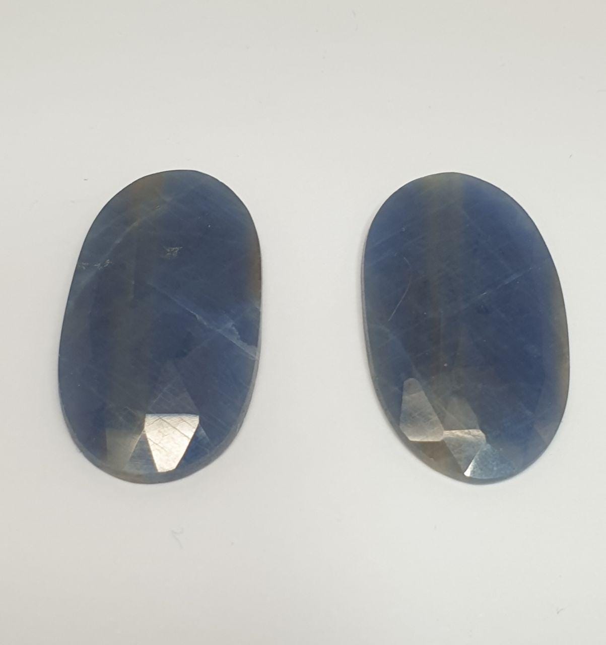 1 Pair Natural Blue Sapphire 26.7x16mm Cabochons Faceted Oval Rose Cut  31ct- Natural Gemstones Jewelry Supplier