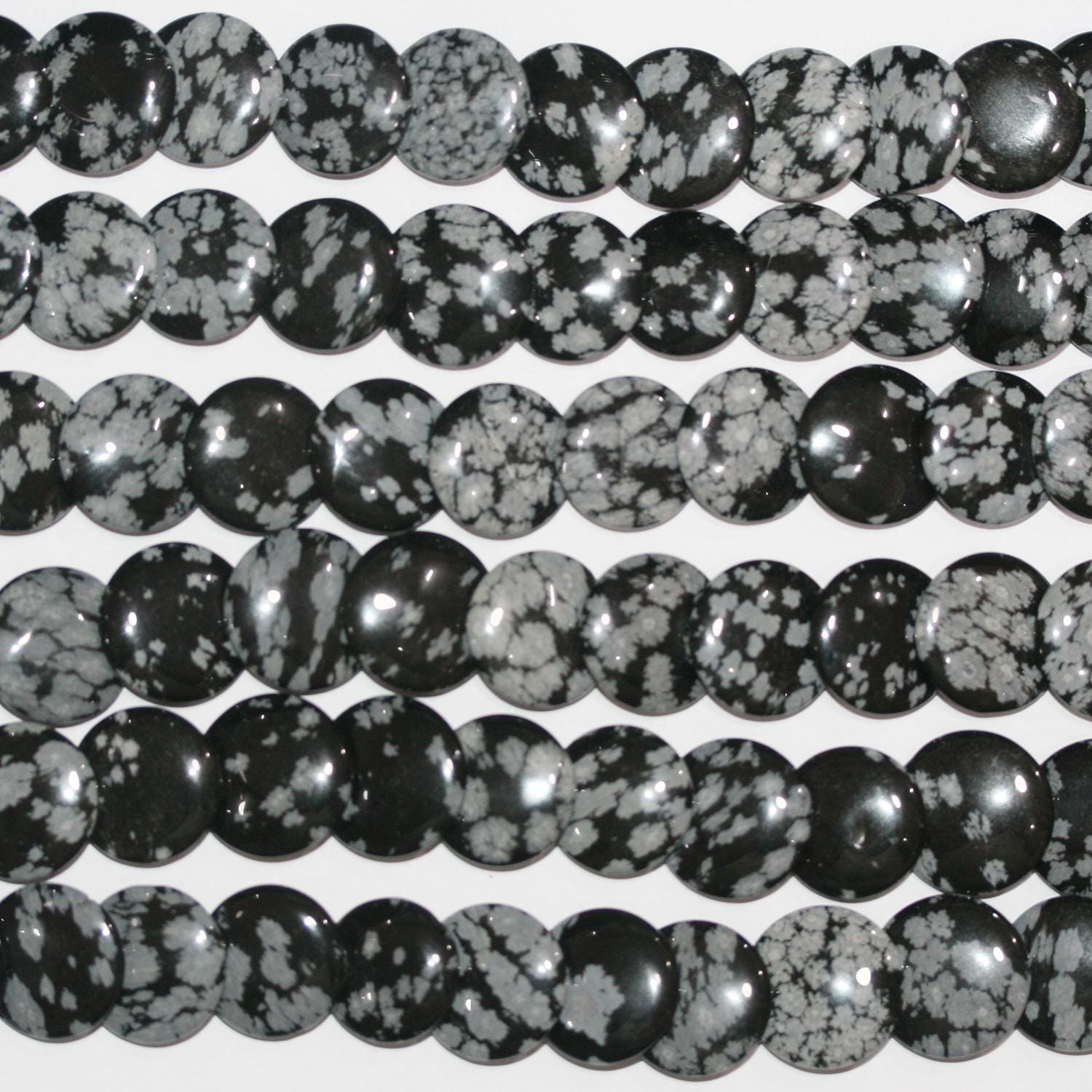 15" St Snowy Obsidienne Smooth Coin Beads 20mm.-String 39cm.