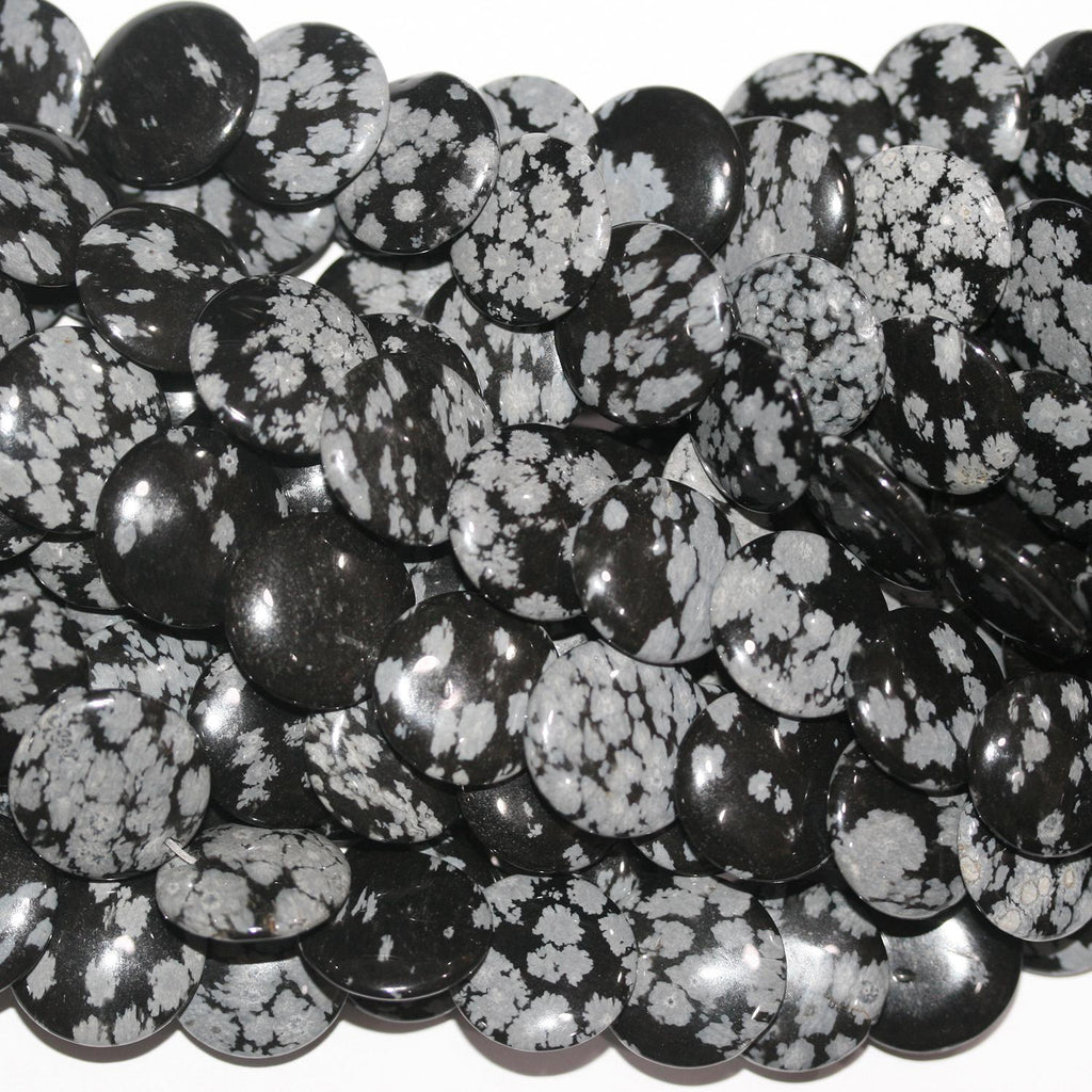 15" St Snowy Obsidienne Smooth Coin Beads 15mm.-String 39cm.