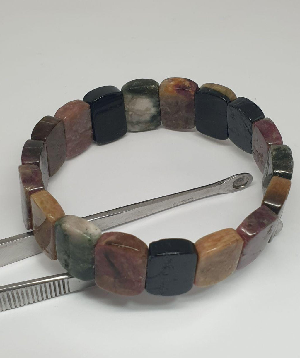 Pulsera elástica de turmalina natural multicolor con cuentas de 16 x 12 mm - Proveedor de joyería con cuentas de doble perforación -