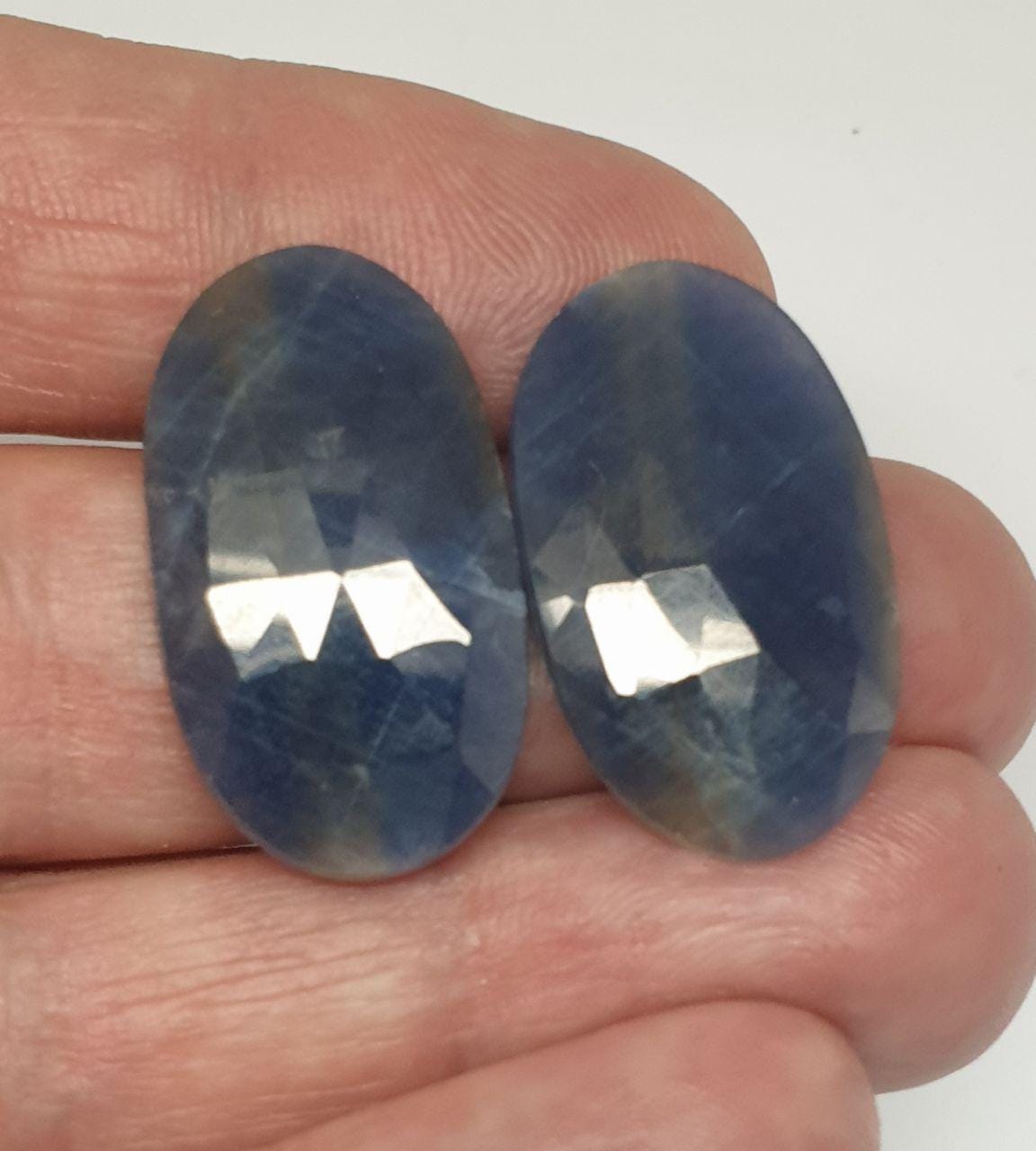 1 Pair Natural Blue Sapphire 26.7x16mm Cabochons Faceted Oval Rose Cut  31ct- Natural Gemstones Jewelry Supplier
