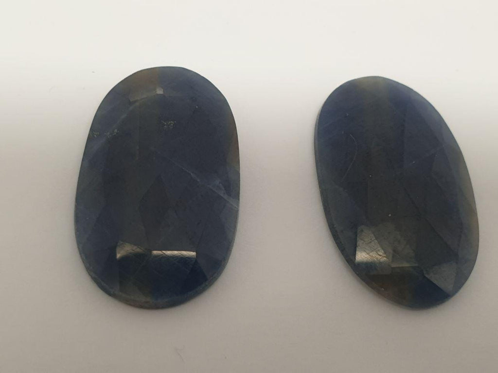 1 Pair Natural Blue Sapphire 26.7x16mm Cabochons Faceted Oval Rose Cut  31ct- Natural Gemstones Jewelry Supplier