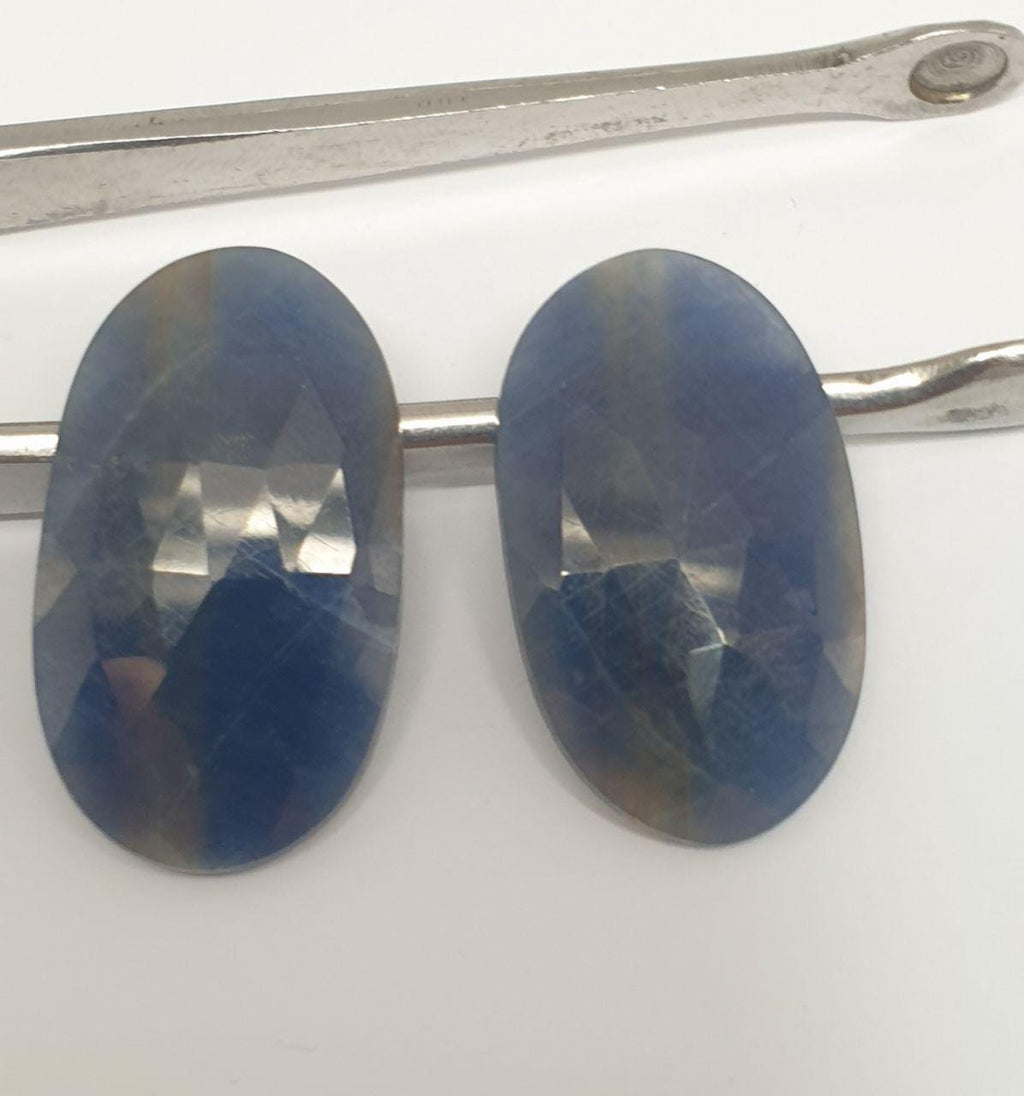 1 Pair Natural Blue Sapphire 26.7x16mm Cabochons Faceted Oval Rose Cut  31ct- Natural Gemstones Jewelry Supplier