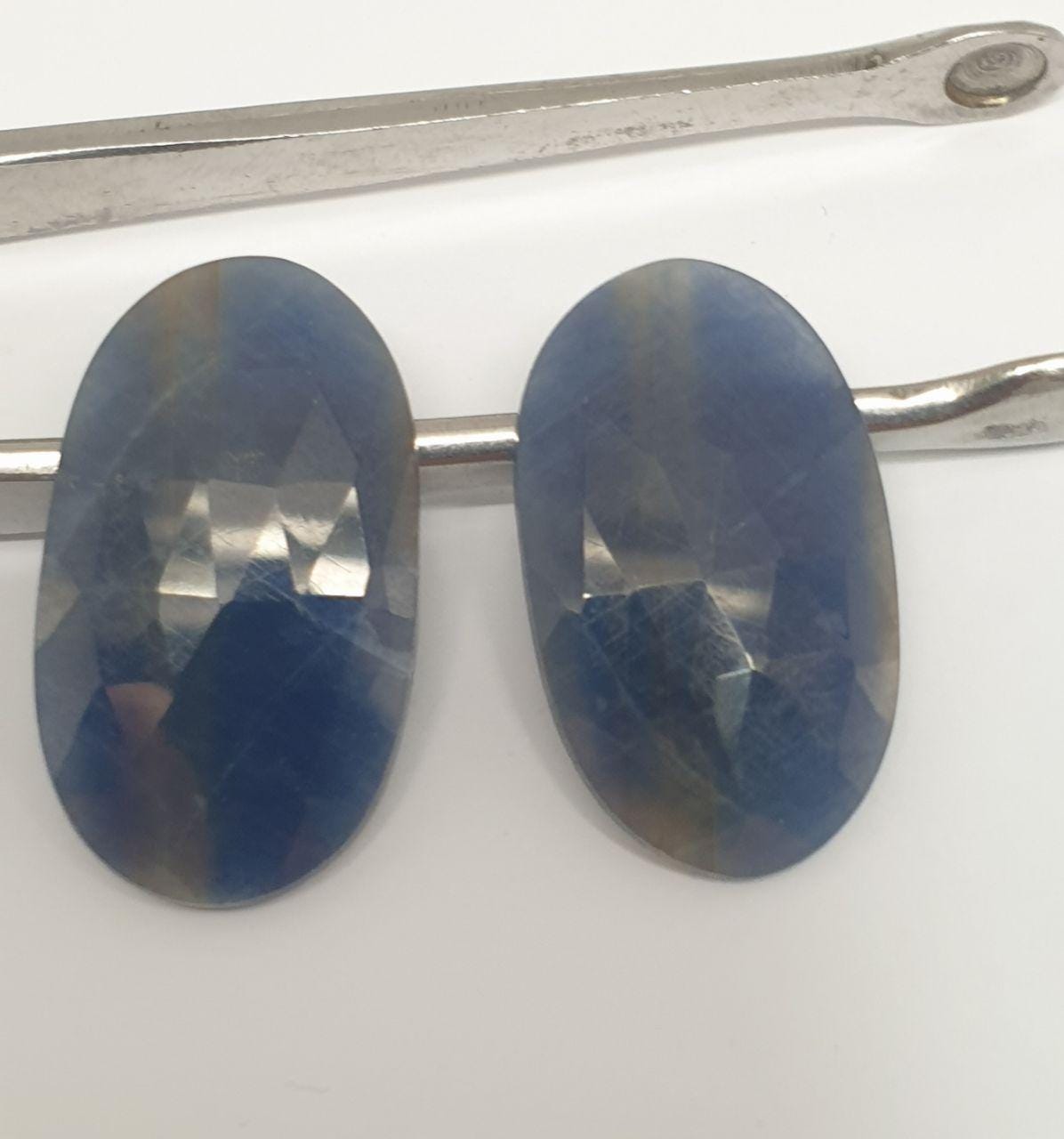 1 Pair Natural Blue Sapphire 26.7x16mm Cabochons Faceted Oval Rose Cut  31ct- Natural Gemstones Jewelry Supplier