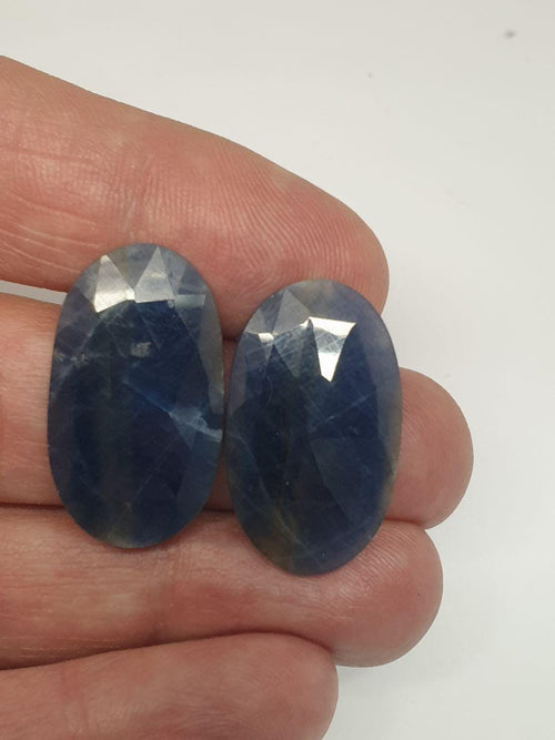 1 Pair Natural Blue Sapphire 26.7x16mm Cabochons Faceted Oval Rose Cut  31ct- Natural Gemstones Jewelry Supplier