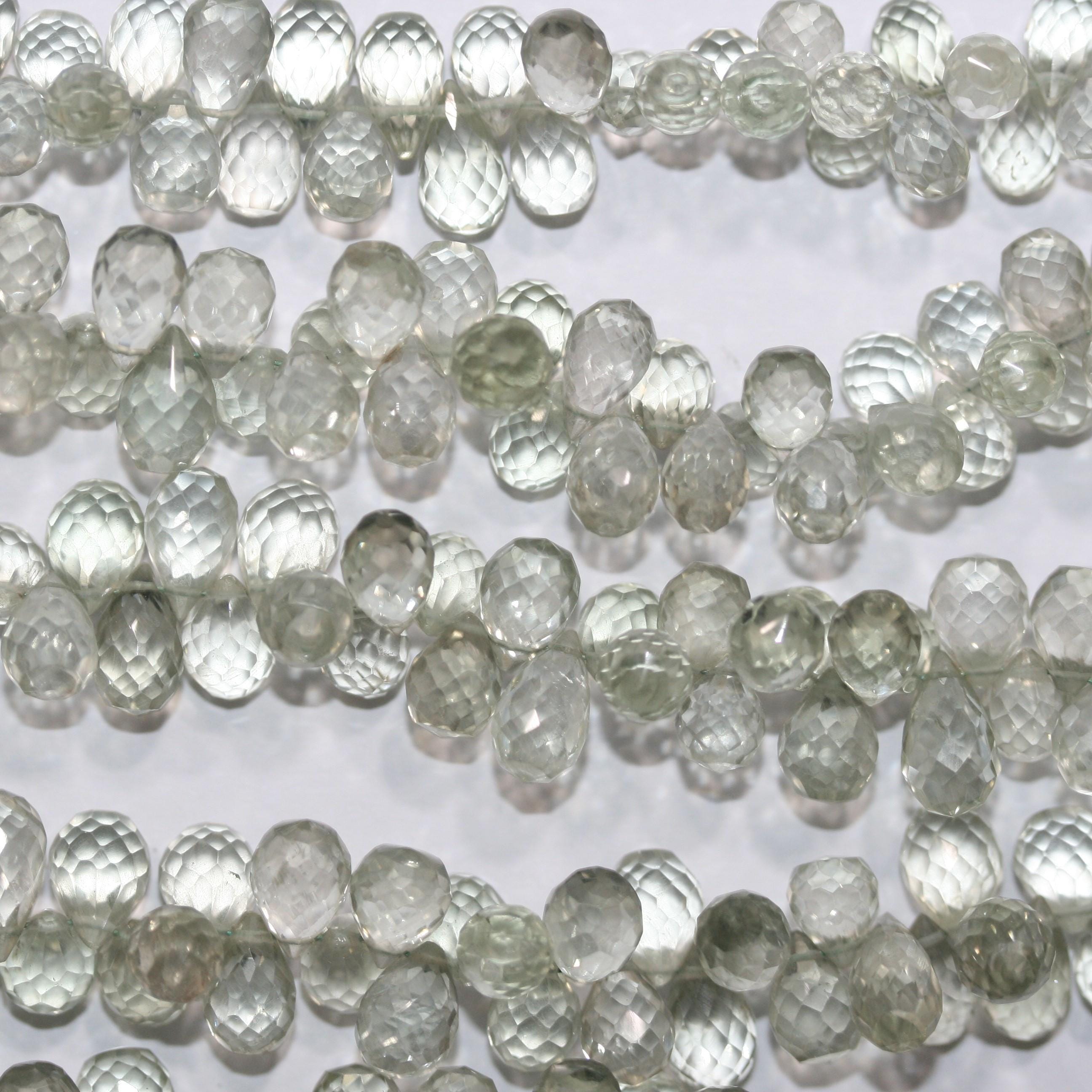Perles en forme de goutte à facettes en prasiolite St de 8 pouces (7 x 5 mm). Longueur approximative du brin : 20 cm.