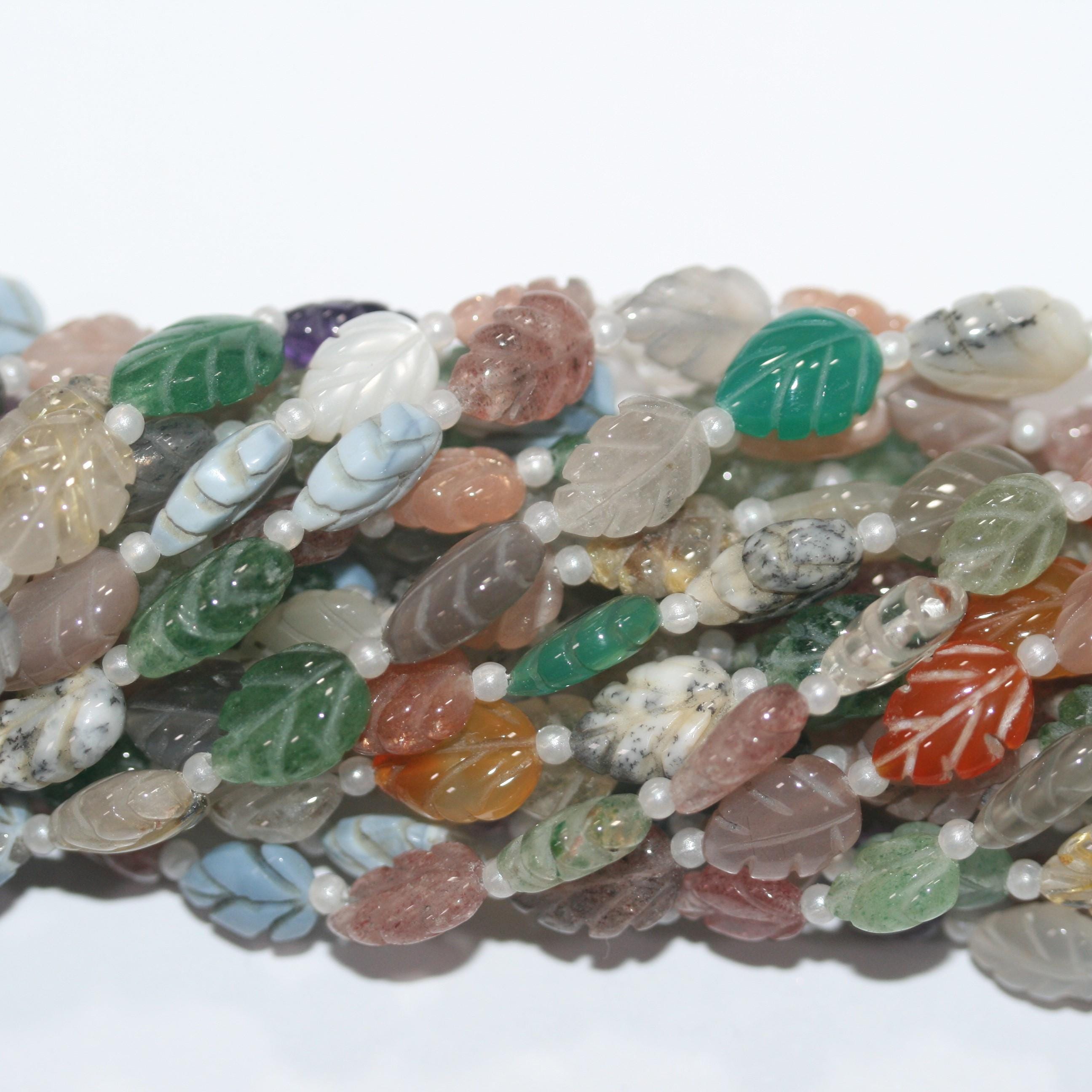 Perles de feuilles en pierre variée, 8 pouces (environ 20 cm), 12 x 8 mm. Longueur du fil : 20 cm. Réf. 15033