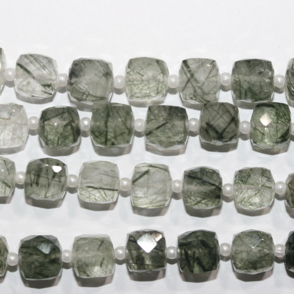 Cuentas cúbicas facetadas de cuarzo rutilado verde de 8" (8-9 mm) - Hilo de 20 cm