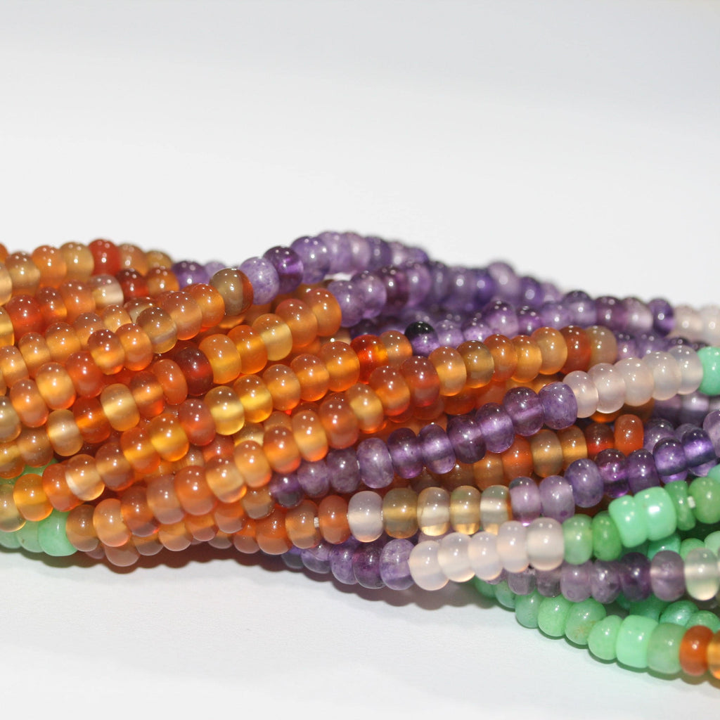 14" St Multi Stone Smooth Rondelle Beads 4x2mm.Approx.-Strand 38cm. Amethyst, Carnelian, Rose Quartz, Chrysoprase