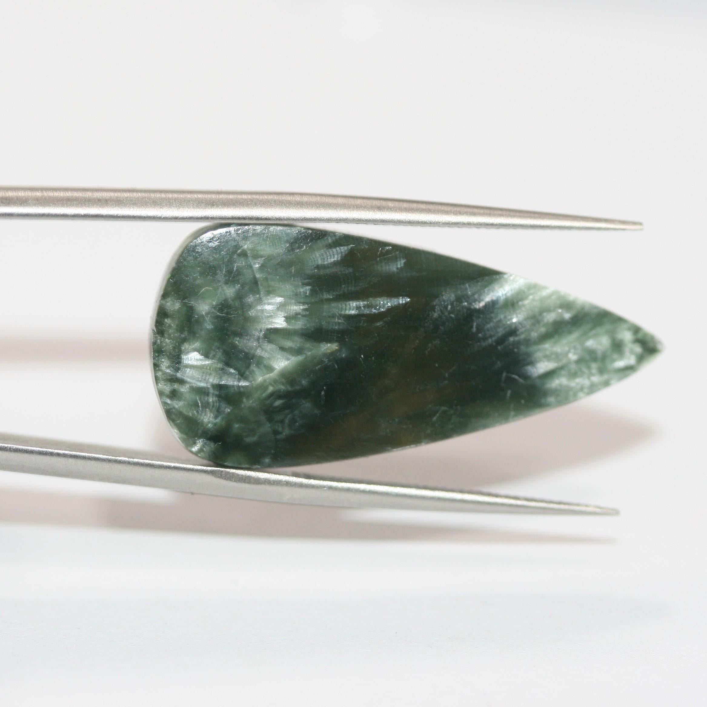 Pair Smooth Drop Seraphinite Flat Cabochon 32x15mm. (30.14ct.). Natural Gemstone