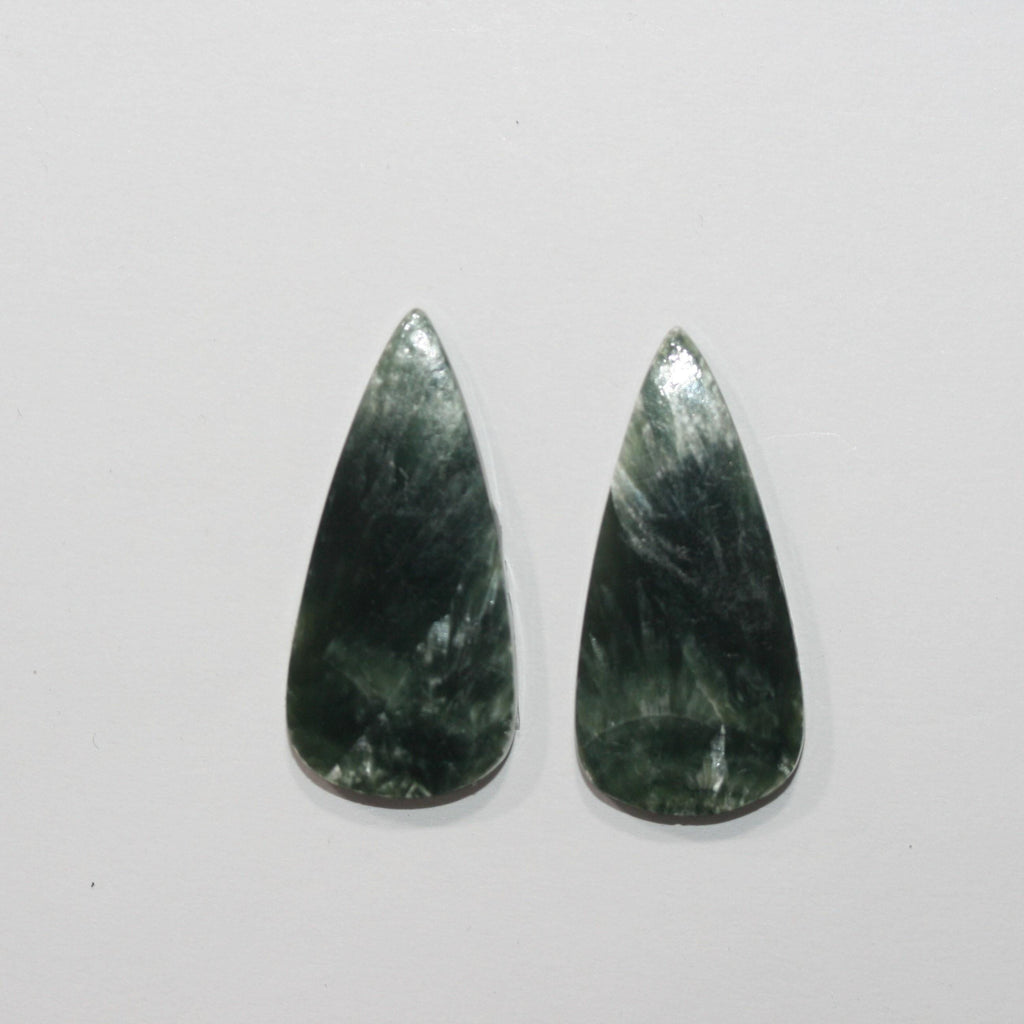 Pair Smooth Drop Seraphinite Flat Cabochon 32x15mm. (30.14ct.). Natural Gemstone