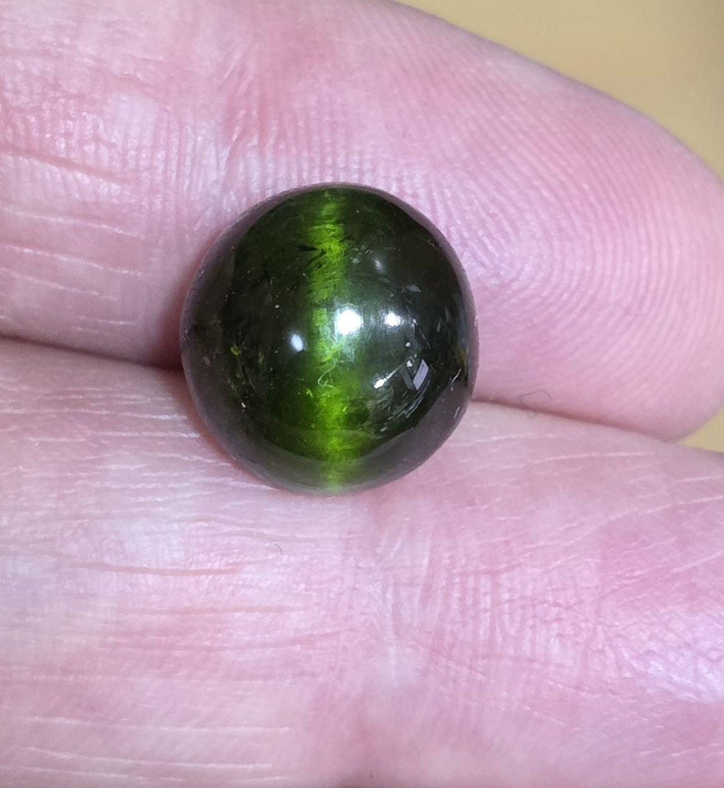Tourmaline œil-de-chat verte AAA unique en son genre, cabochon ovale 12,6 x 12,1 mm, 11,22 ct - Gemme non traitée - Qualité supérieure - Chatoyance