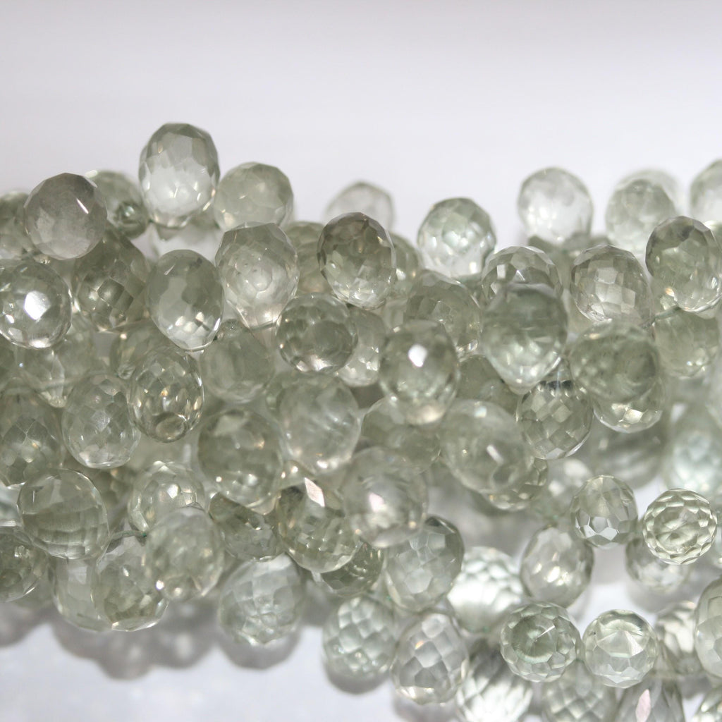 Perles en forme de goutte à facettes en prasiolite St de 8 pouces (7 x 5 mm). Longueur approximative du brin : 20 cm.