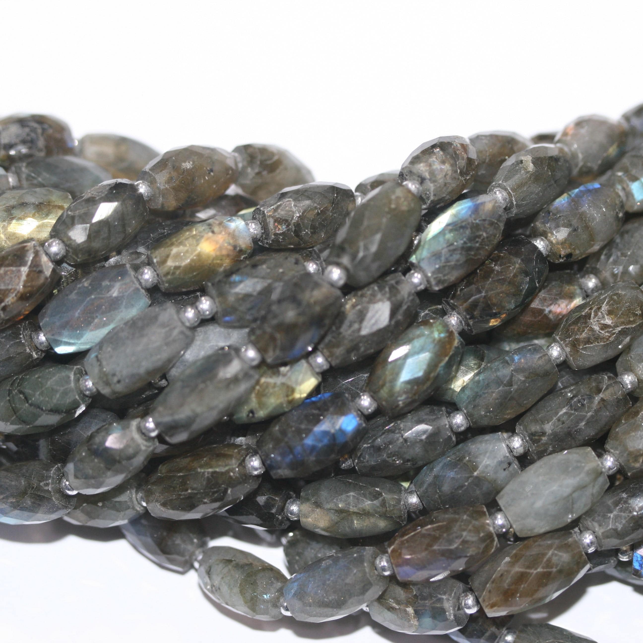 10" St Labradorite Faceted Barrel Beads 11x7mm. Approx. -Strand 25cm.