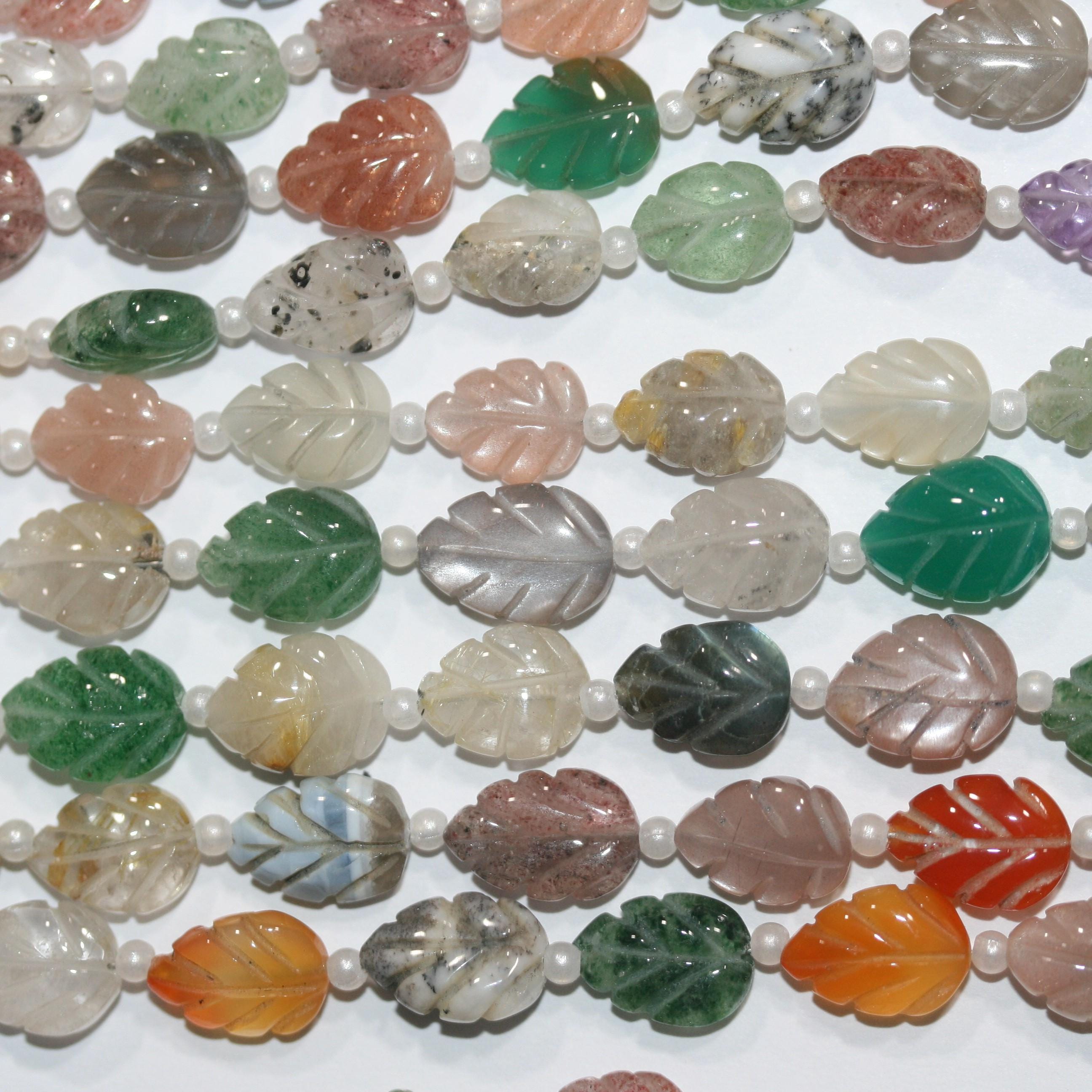 Perles de feuilles en pierre variée, 8 pouces (environ 20 cm), 12 x 8 mm. Longueur du fil : 20 cm. Réf. 15033